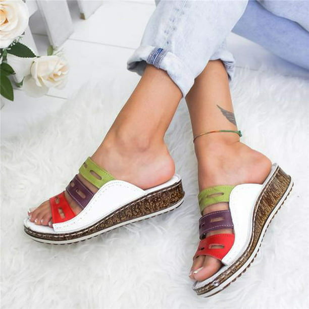 Women's Toe Ring Color Stitching Cut Out Back Zip Low Creeper Heel Shoes Fashion
